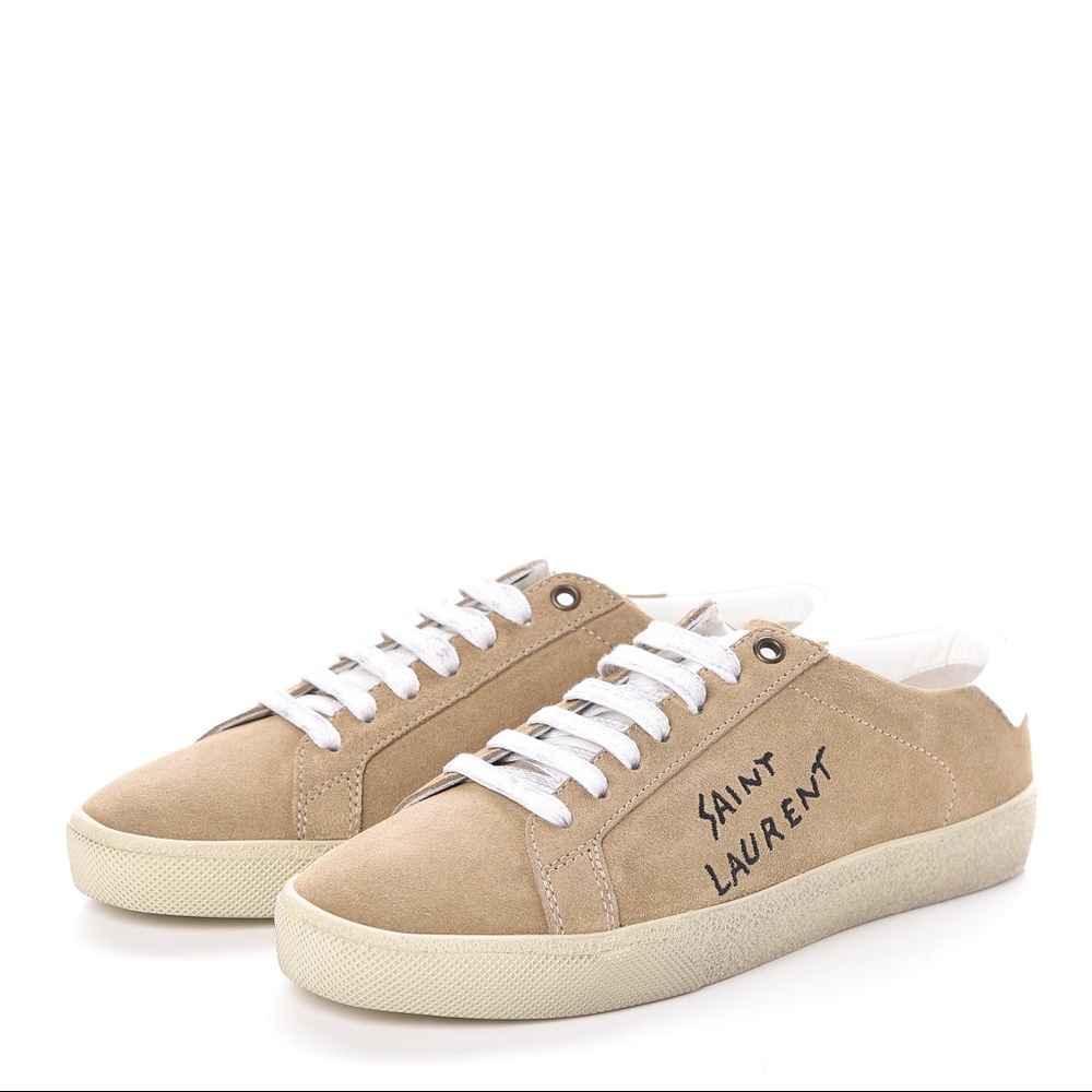Saint Laurent Beige Suede Low-Top Sneakers with White Laces